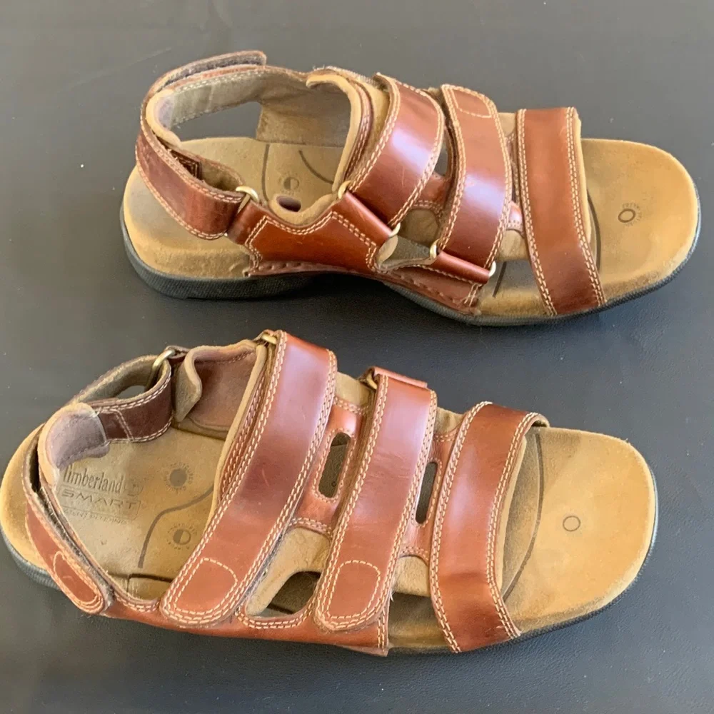 Timberland Men’s Brown Leather Hiking Sandals Adjustable Hook & Loop Comfort